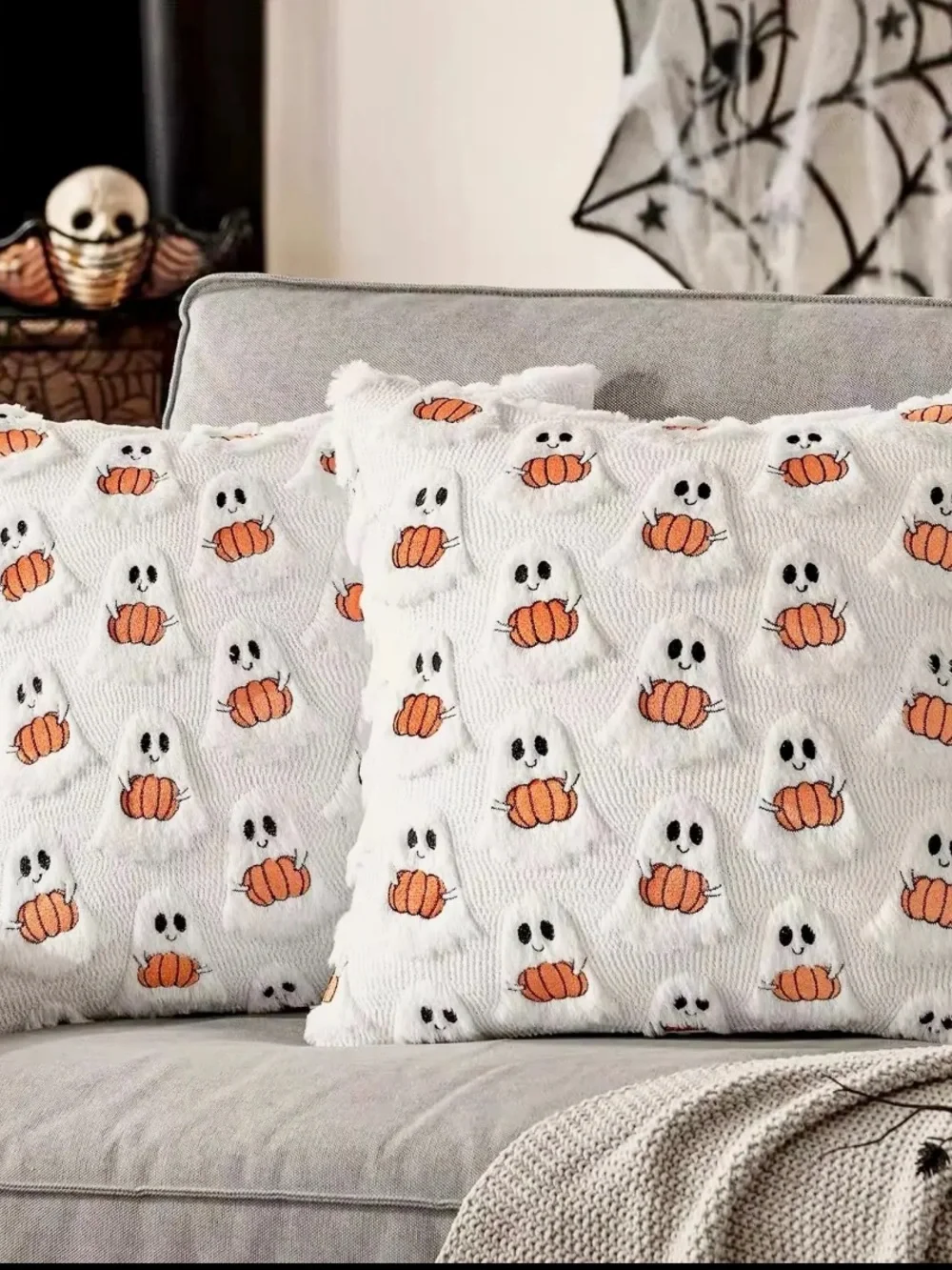 2 NWT Ghost & Pumpkin Embroidered Decorative Throw Cushions | Pillows. Faux Fur